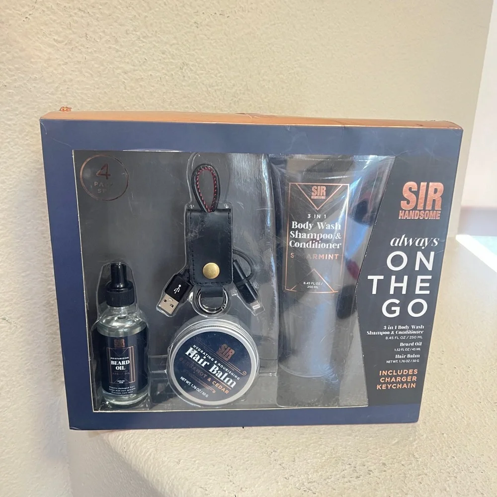 Sir Handsome 4- Gift Set 3 In 1 Body Wash‎ Shampoo Hair Balm Beard Oil/ Cord